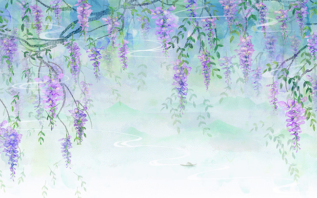 水彩风手绘浪漫紫藤花背景