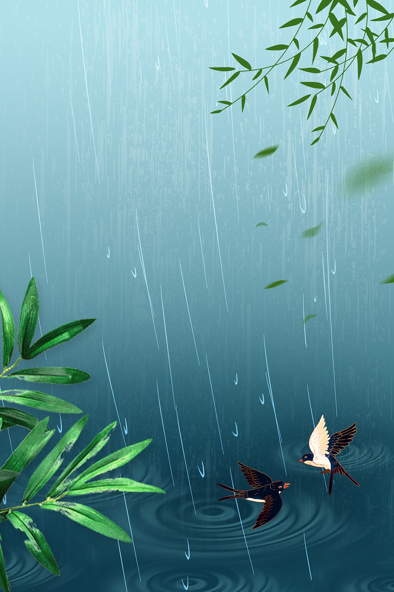 春天下雨蓝色唯美雨水雨水背景海报雨水背景