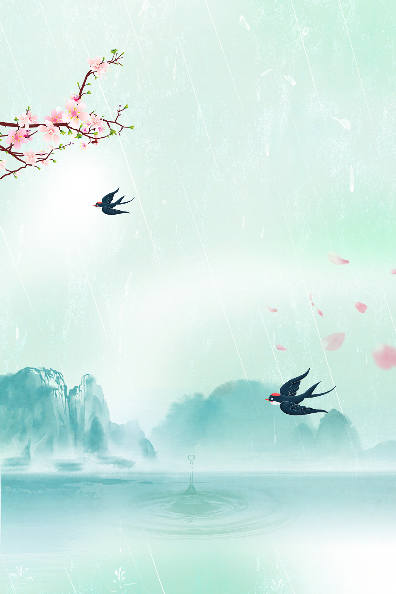 蓝色古风燕子山水花朵雨水海报背景