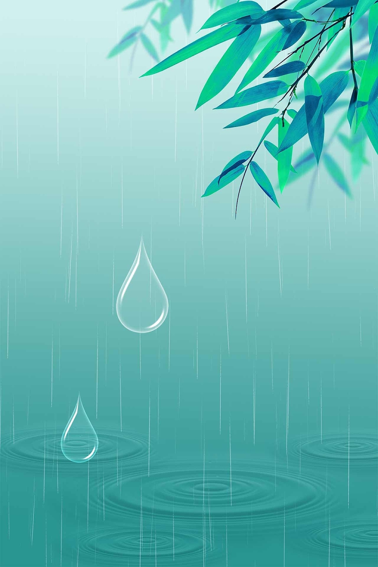 春天下雨浅蓝色简约树叶水滴波纹雨水展板背景