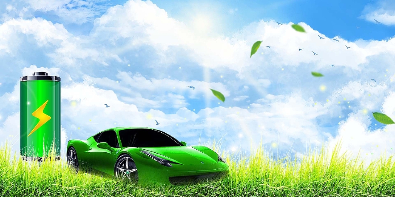 绿色简约草地电池新能源汽车展板背景
