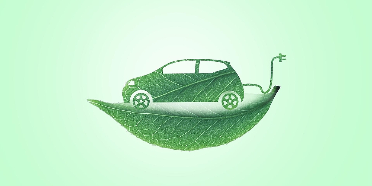 浅色简约树叶充电新能源汽车展板背景