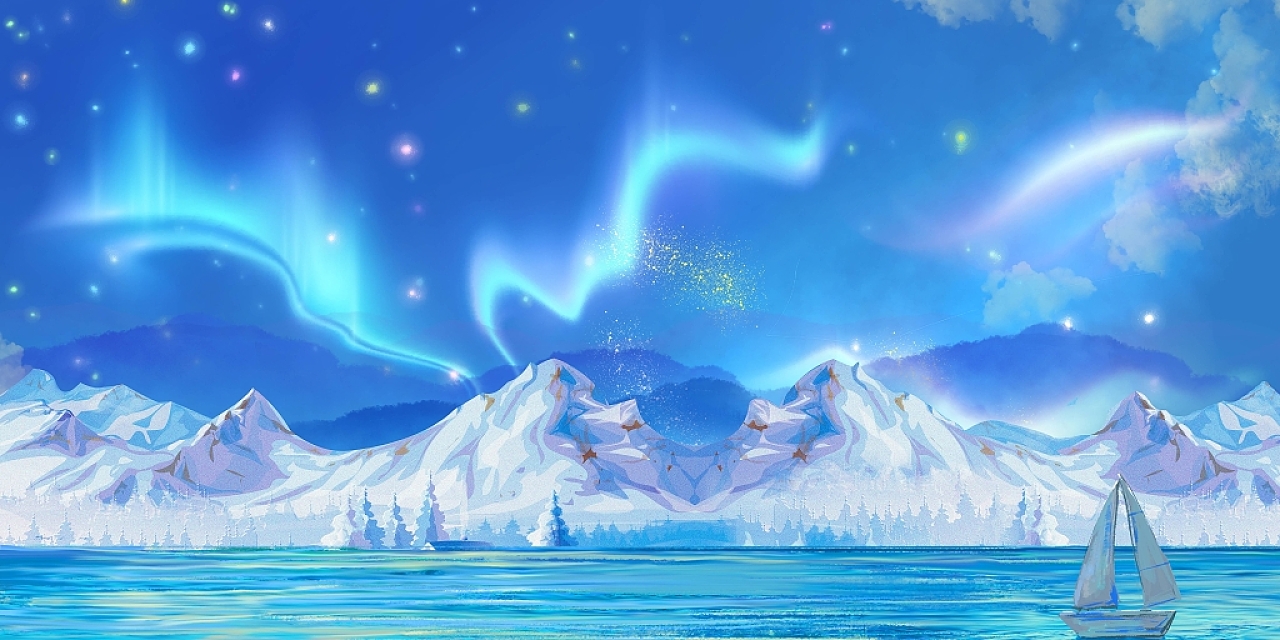 蓝色唯美手绘浪漫星空雪山河流极光展板背景蓝色星空背景
