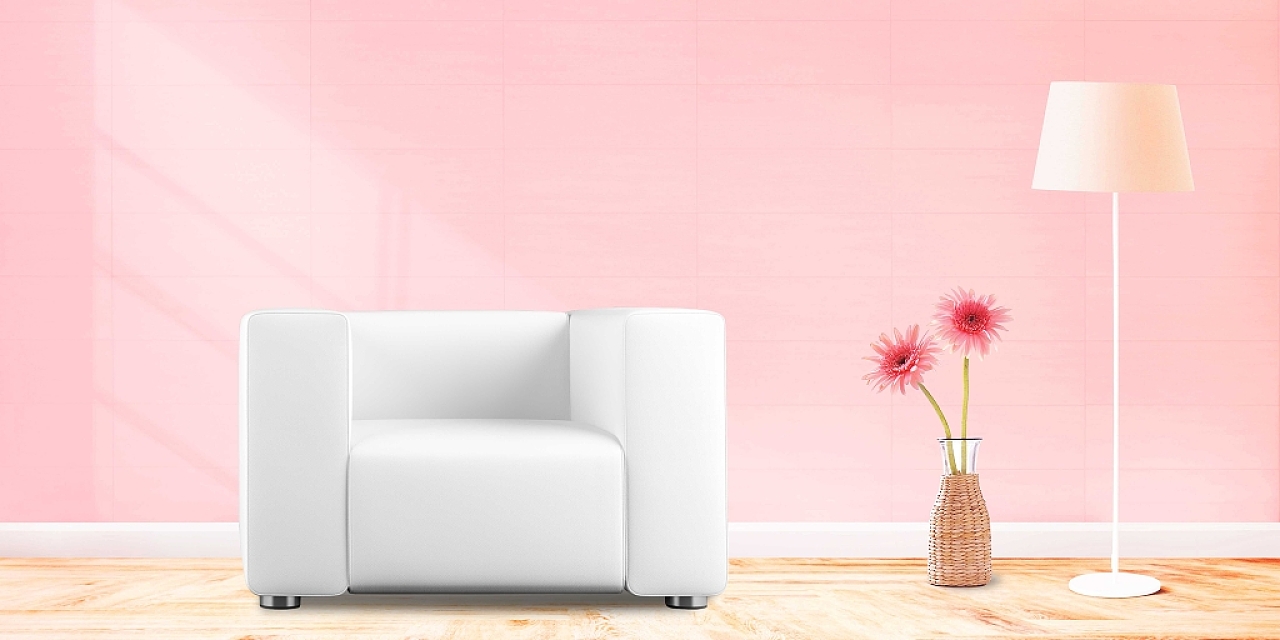 粉色客厅沙发落地灯花瓶温馨女生家居浪漫展板背景