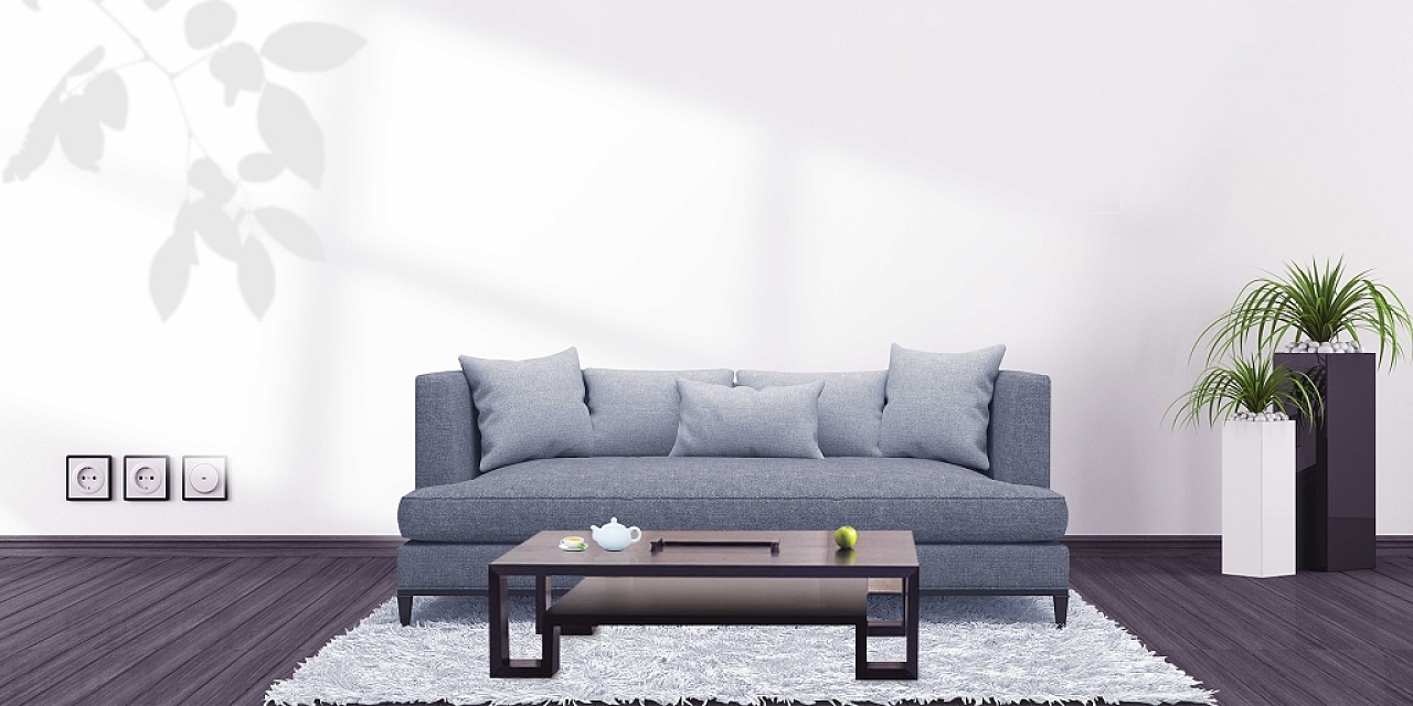 黑灰色中式简约家居沙发茶几绿植地毯客厅展板背景