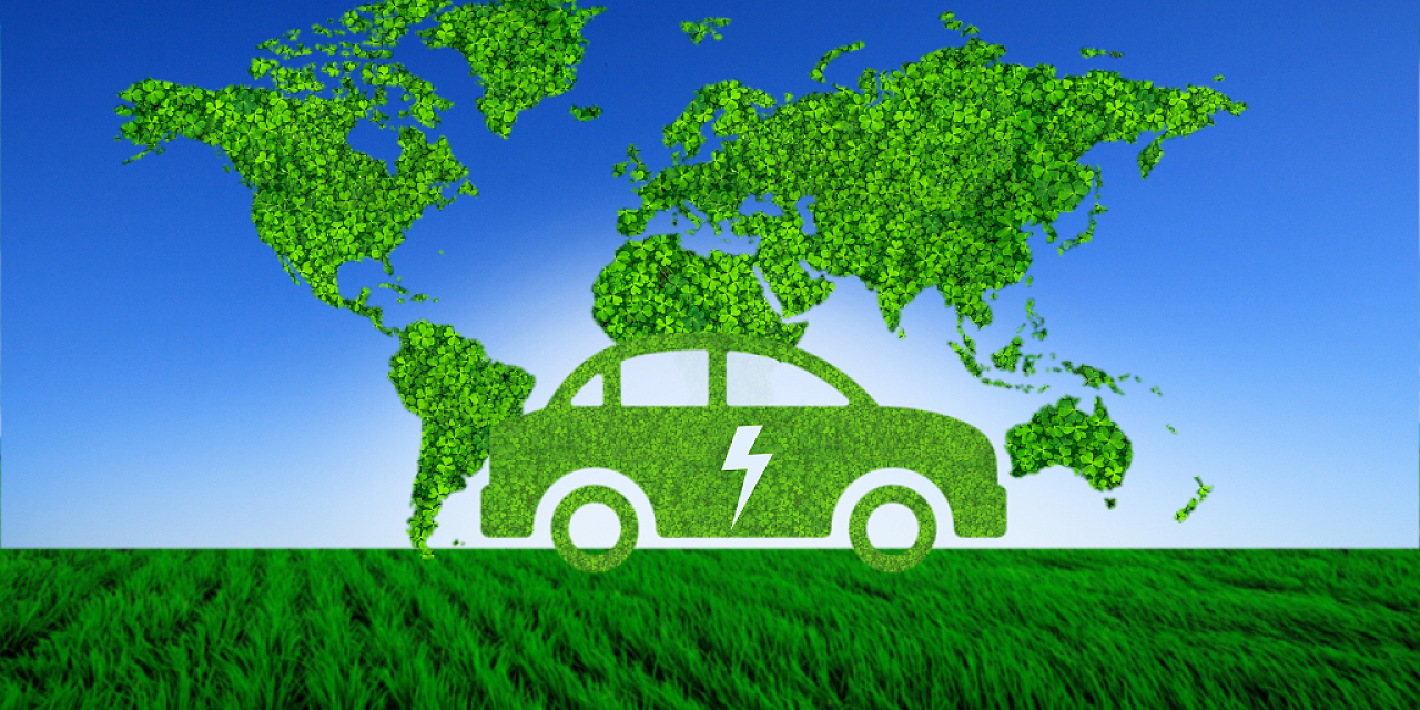 蓝绿色节能地球汽车新能源汽车背景展板背景