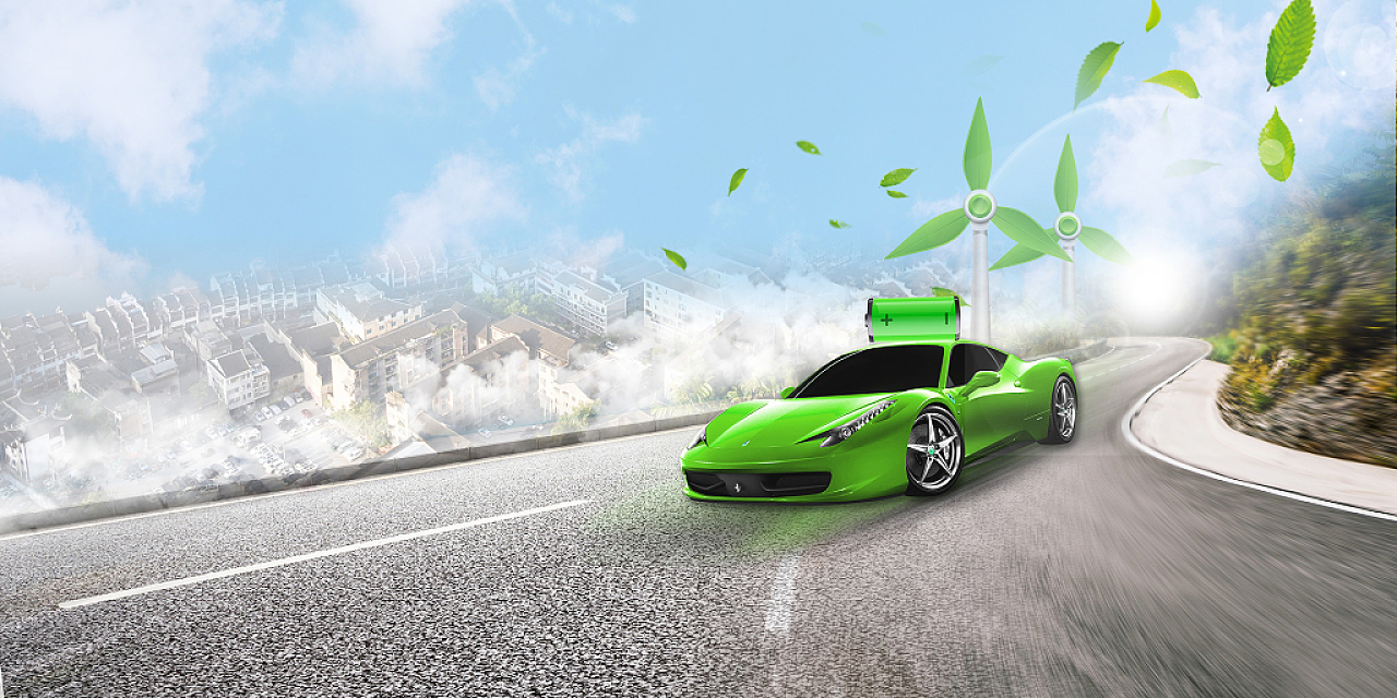 绿色卡通新能源汽车汽车剪影展板汽车剪影背景