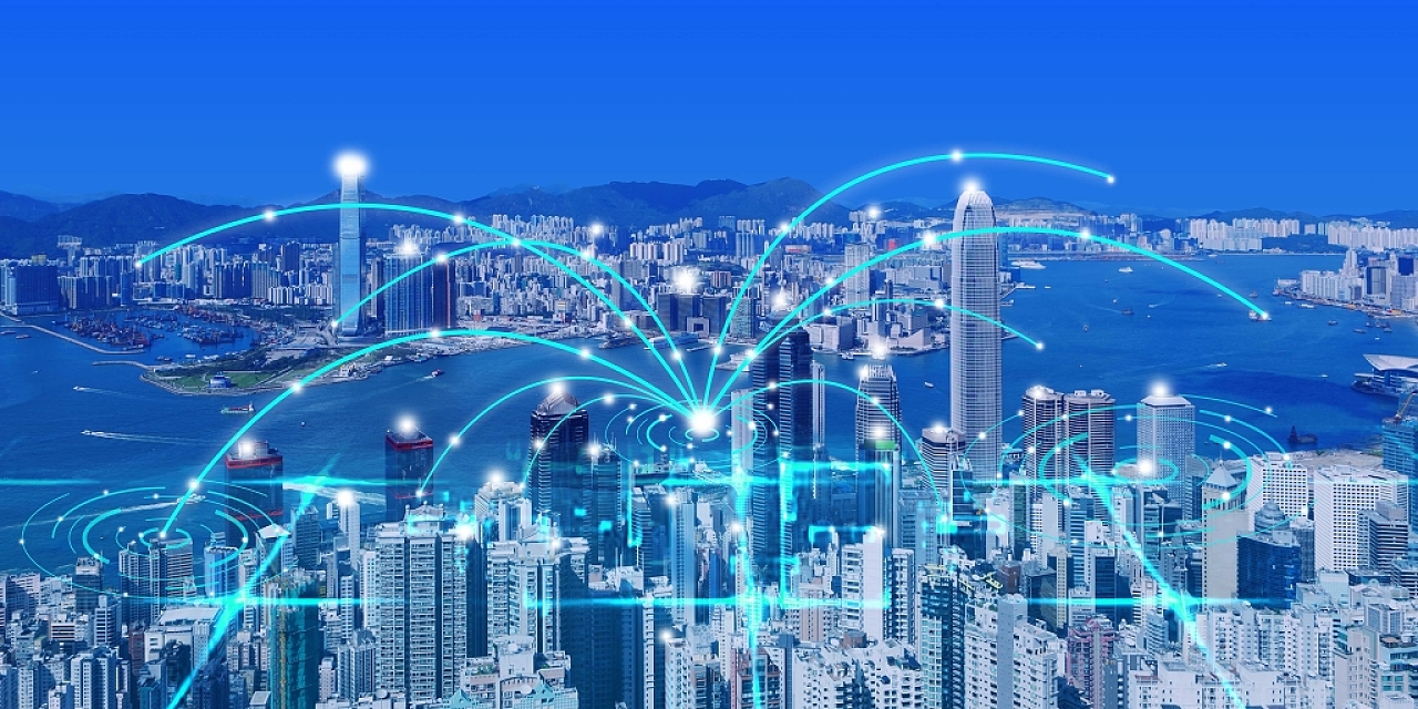 蓝色光晕高光上海城市科技连接展板背景热门