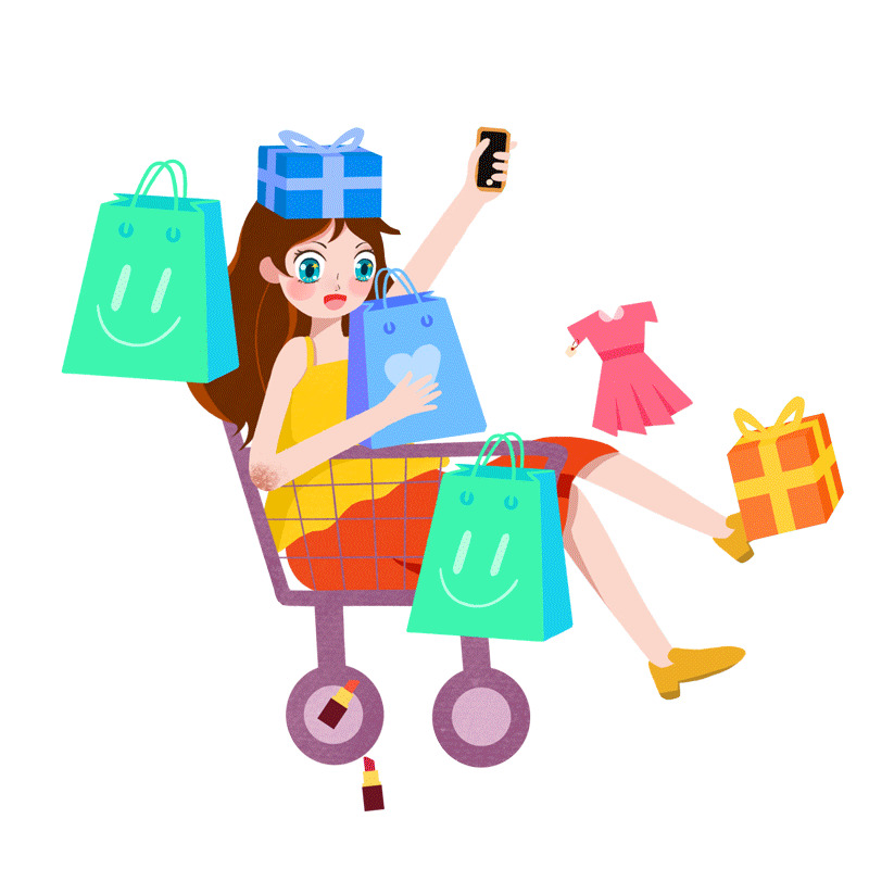 彩色购物女孩购物袋礼盒元素gif动态图消费者权益日元素