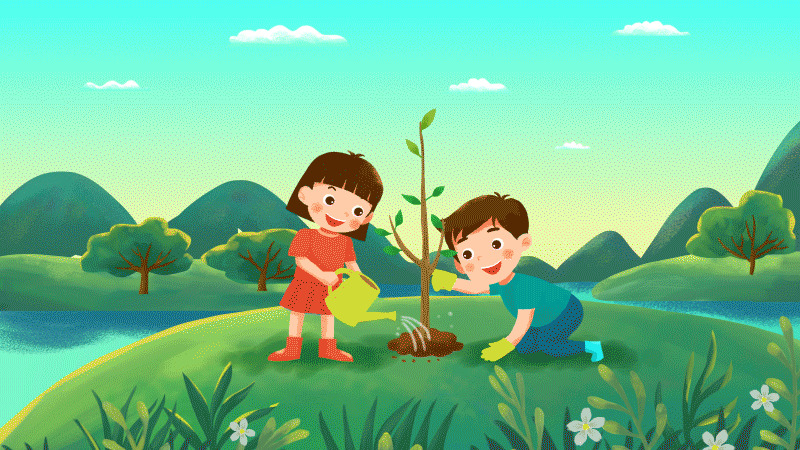 绿色卡通人物植树节背景GIF问号植树节背景