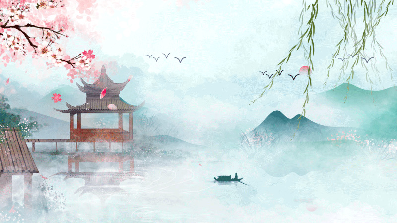 蓝色中国风烟雨湖面樱花元素GIF桃花背景