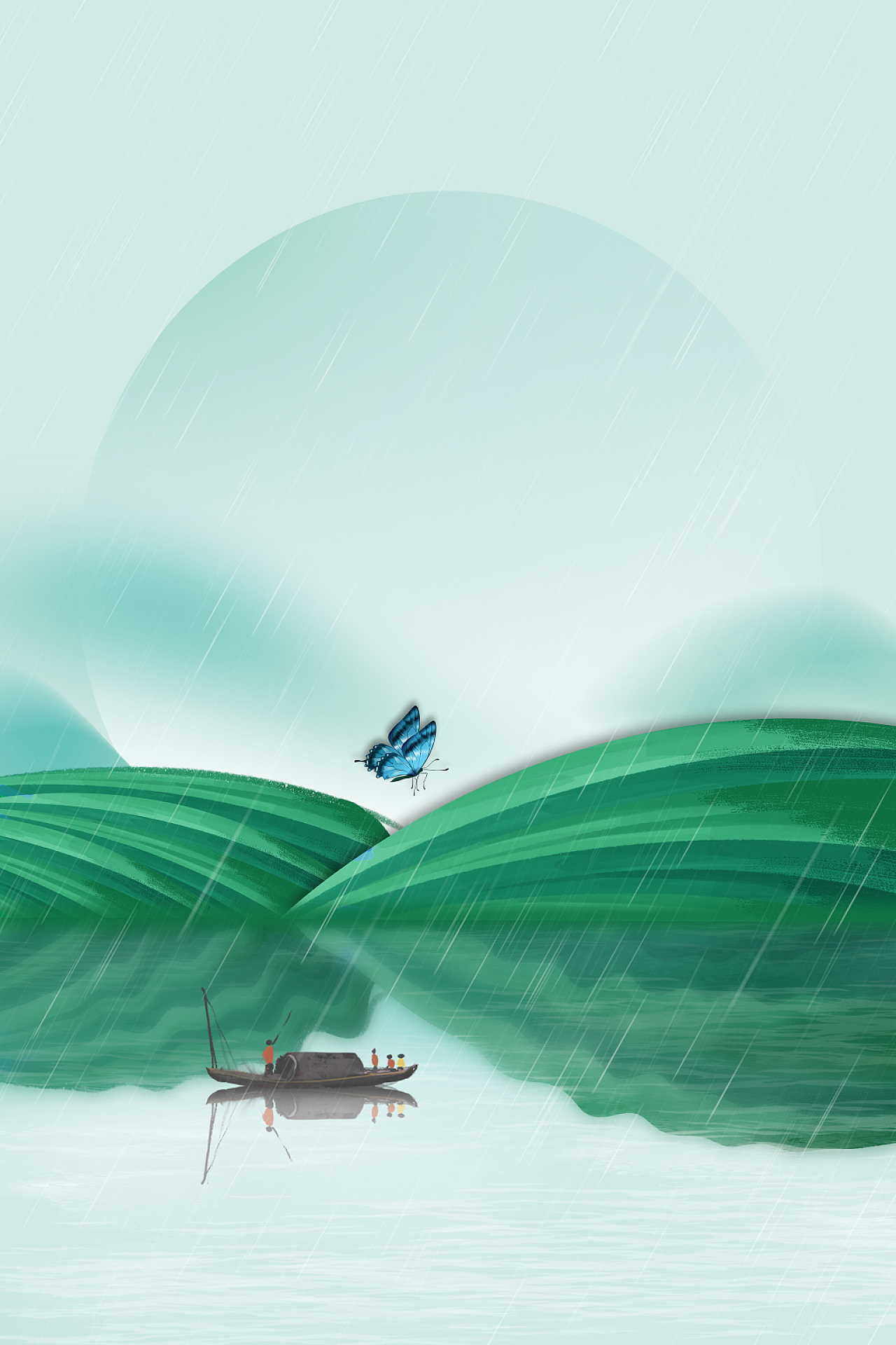绿色手绘简约小清新山水草原绿地船只蝴蝶展板背景谷雨背景