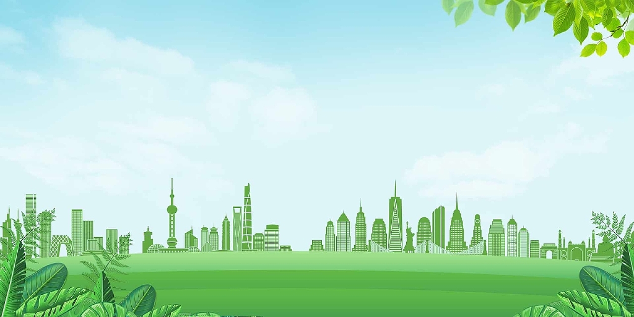 蓝色绿色简约城市天空保护环境展板背景
