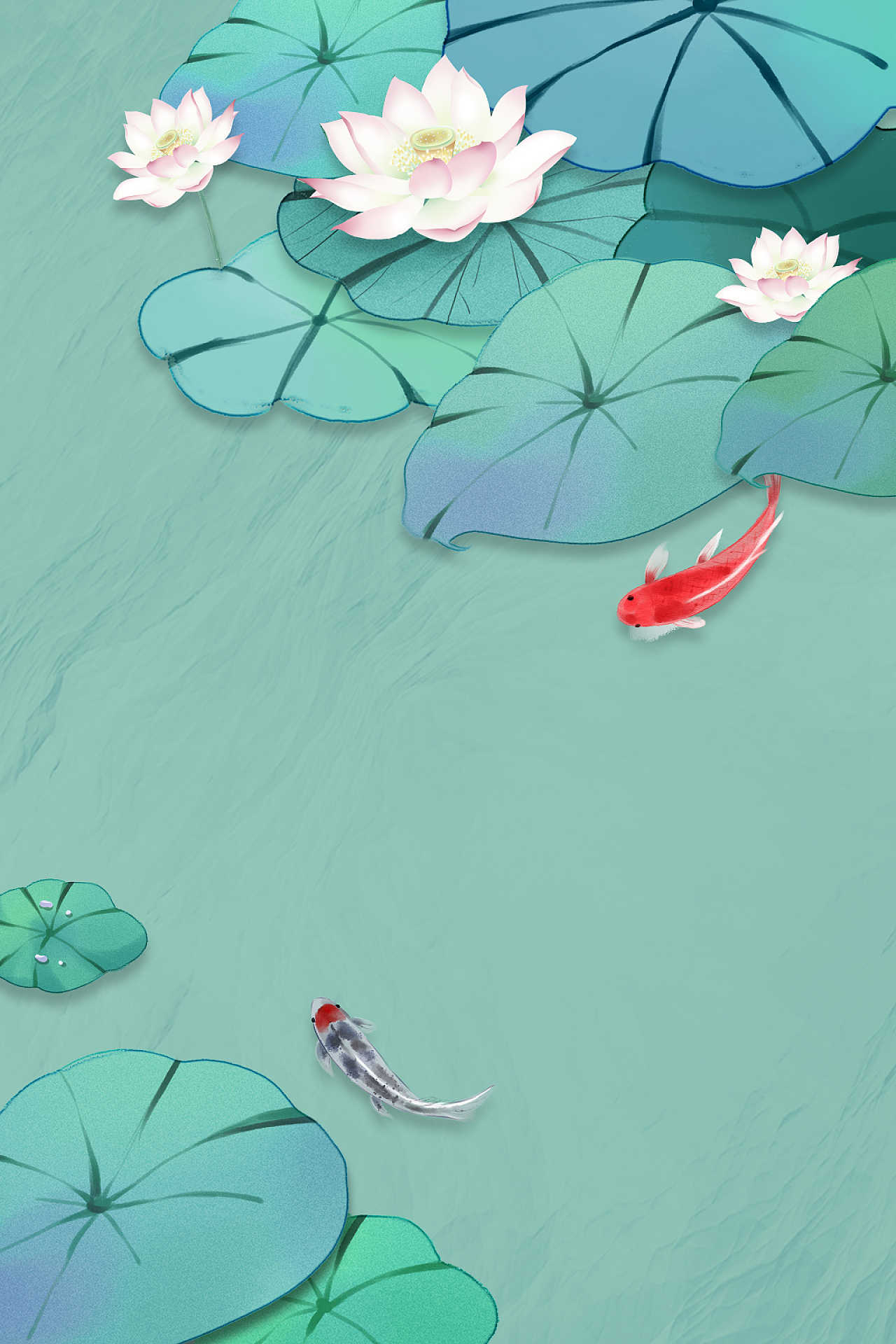 青色绿色简约手绘荷花锦鲤荷叶金鱼荷塘展板背景夏天荷花背景