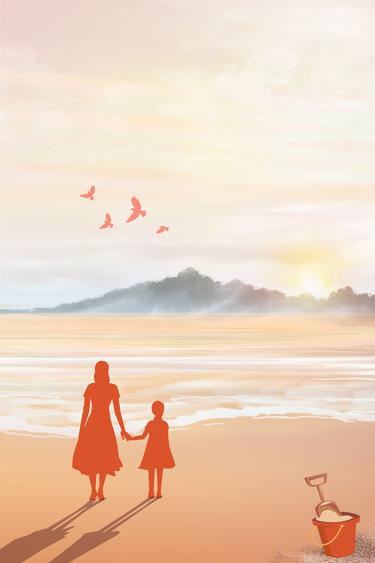 橙色扁平卡通母女剪影背影沙滩温馨母爱鸽子展板背景母亲节背景