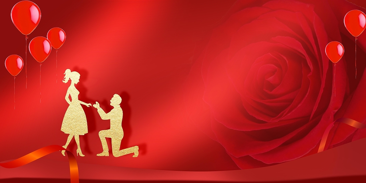 红色唯美玫瑰花情侣剪影丝带气球520展板背景520节日