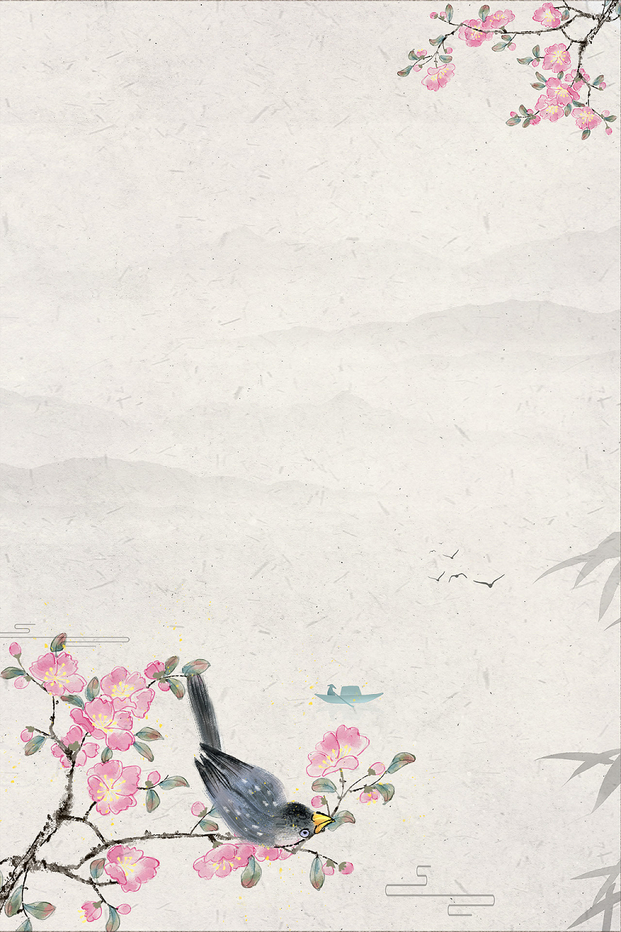 中国风古风灰色水墨风山水花鸟工笔画展板背景