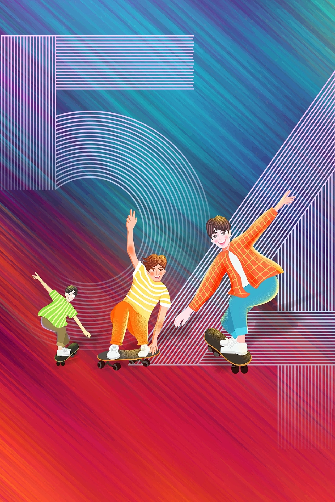 彩色卡通少年活泼54青年节ui手机海报五四青年节背景