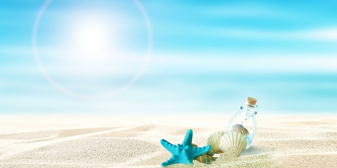 蓝色白色小清新沙滩大海贝壳瓶子夏天沙滩展板背景