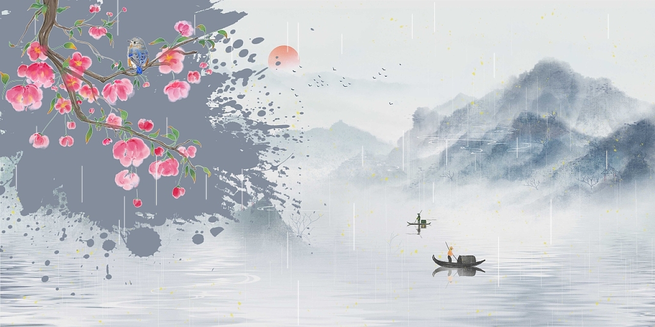 墨色烟灰色粉色简约抽象中国风海棠花山水小船展板背景