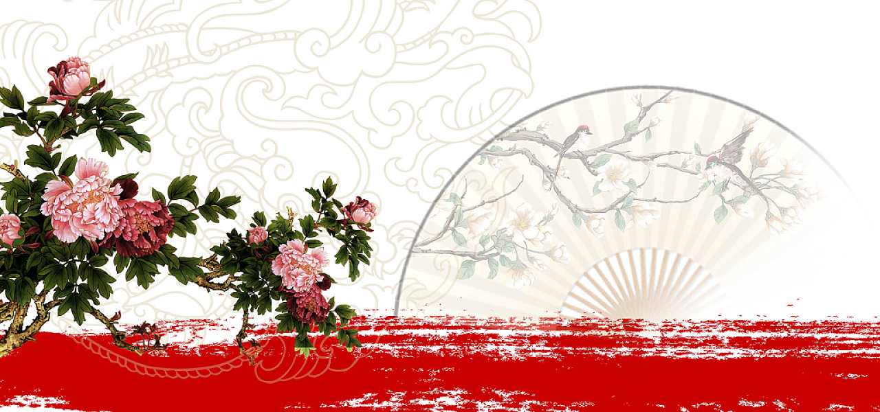 红色中国风牡丹花扇子吉祥背景图案展板背景