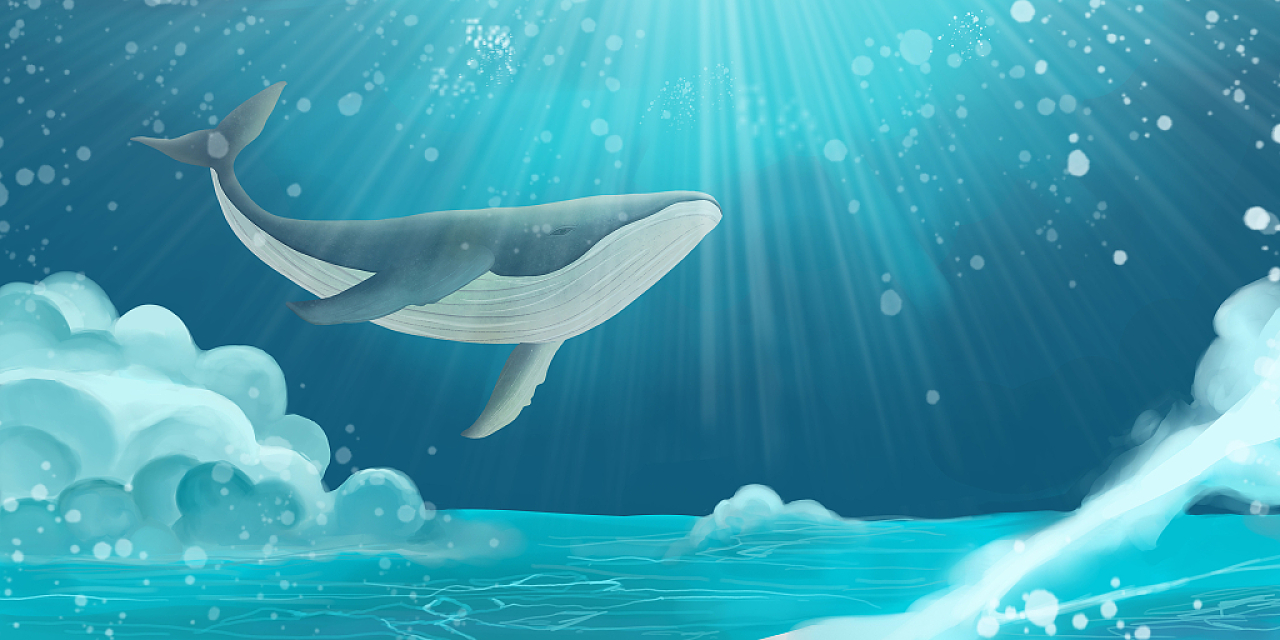 蓝色卡通鲸鱼海底光海洋展板背景