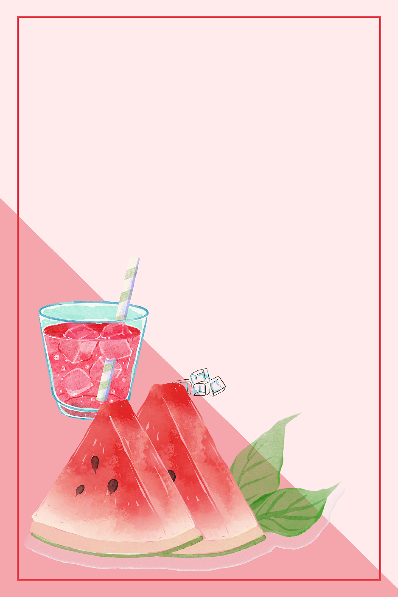 边框手绘粉红矩形水果杯子简约西瓜汁果汁饮品夏天夏季海报背景