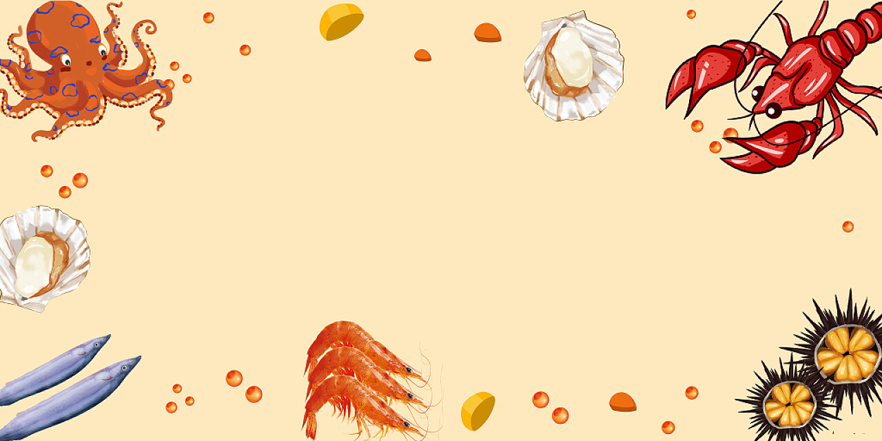 黄色微质感卡通八爪鱼龙虾扇贝秋刀鱼海鲜美食展板背景