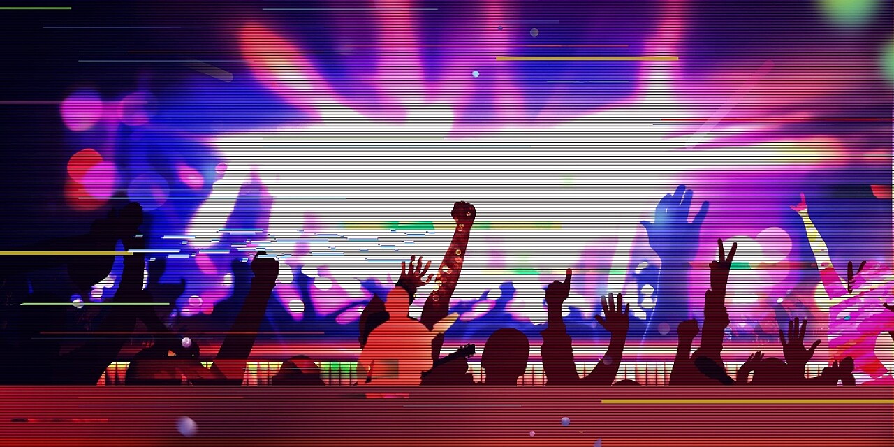 紫色酷炫演唱会躁动人物剪影灯光效果展板背景