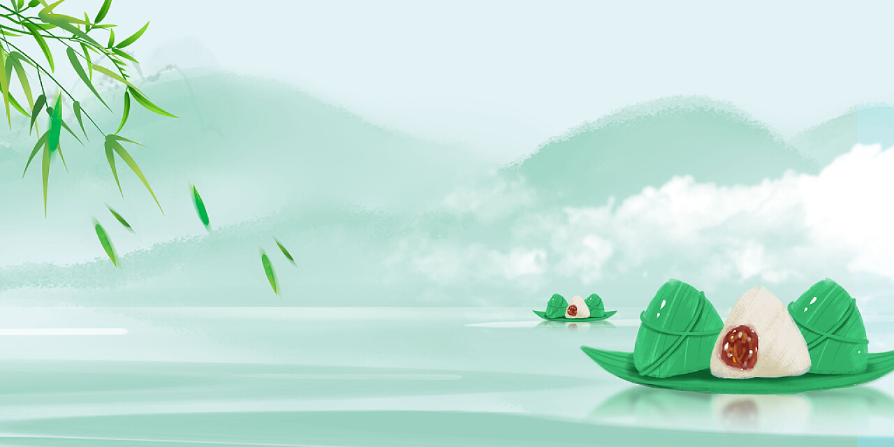 绿色国潮山水竹叶复古中国风简约唯美文艺端午节粽子展板背景
