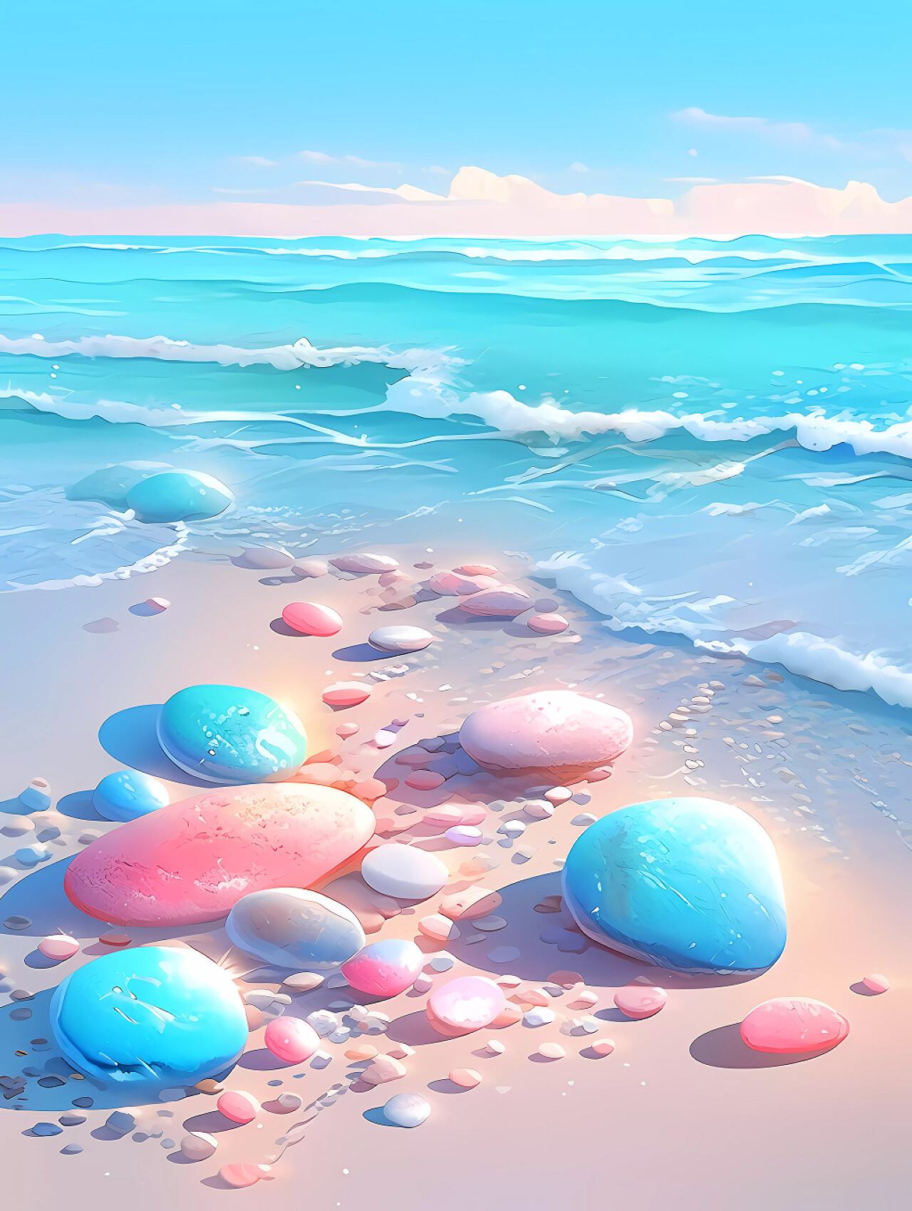 夏天皮克斯风格梦幻唯美浪漫海滩五彩石的背景