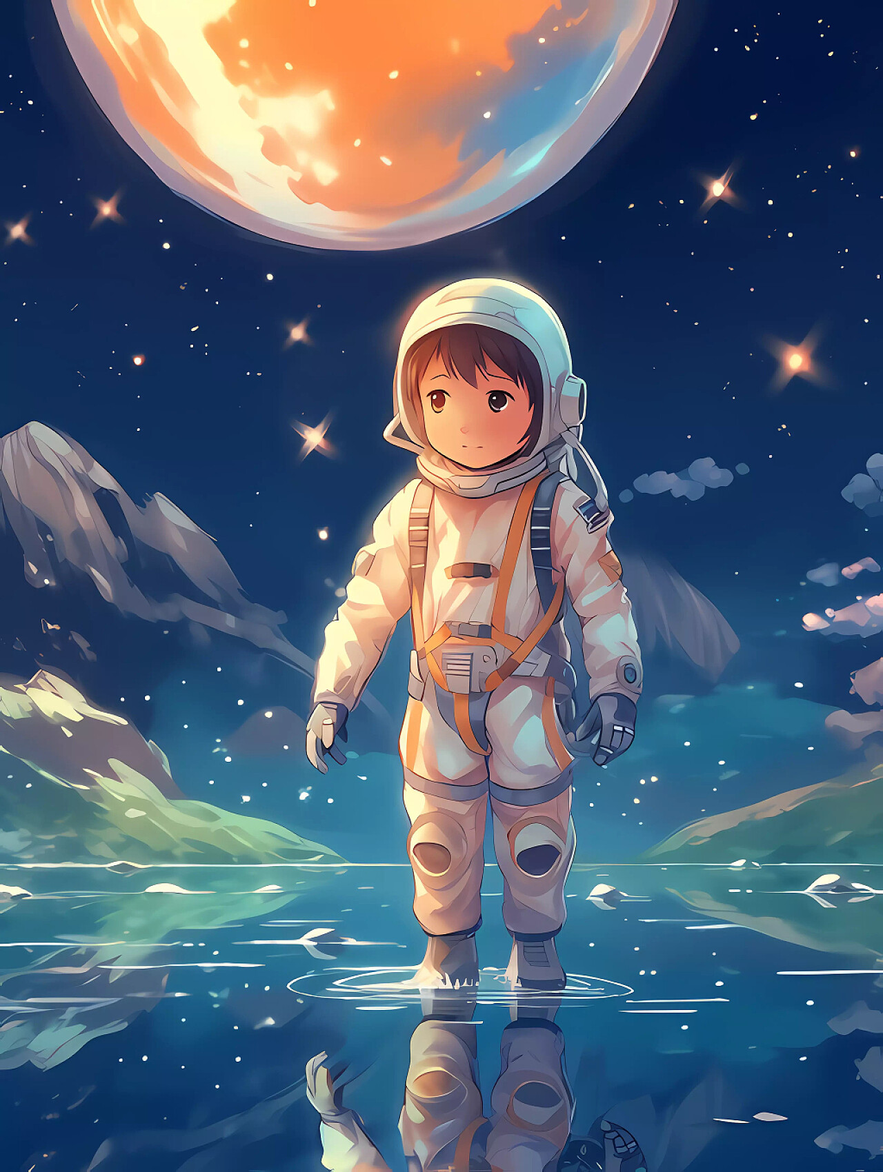卡通小宇航员探索太空的场景图