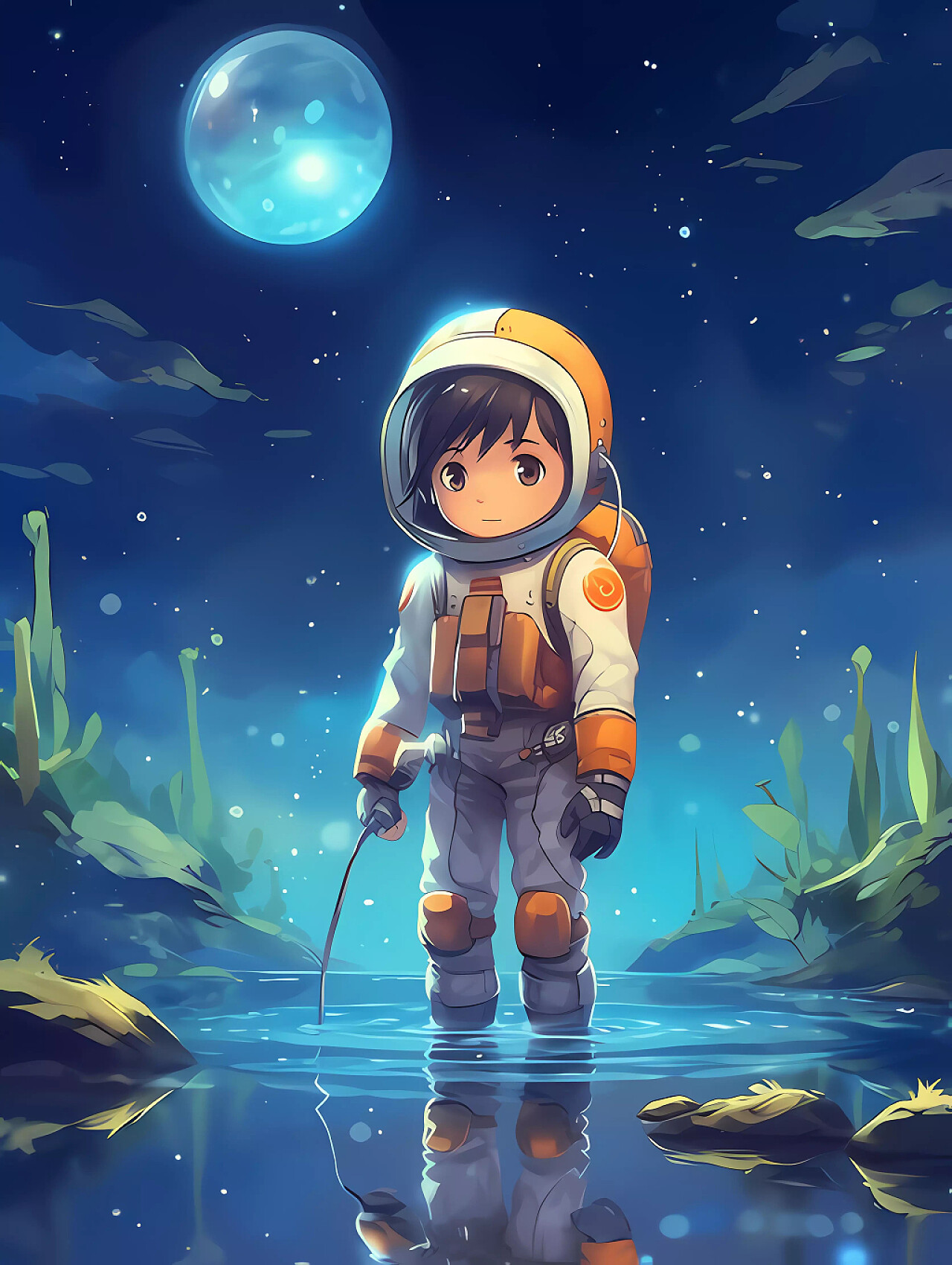 卡通可爱小宇航员探索太空的场景图