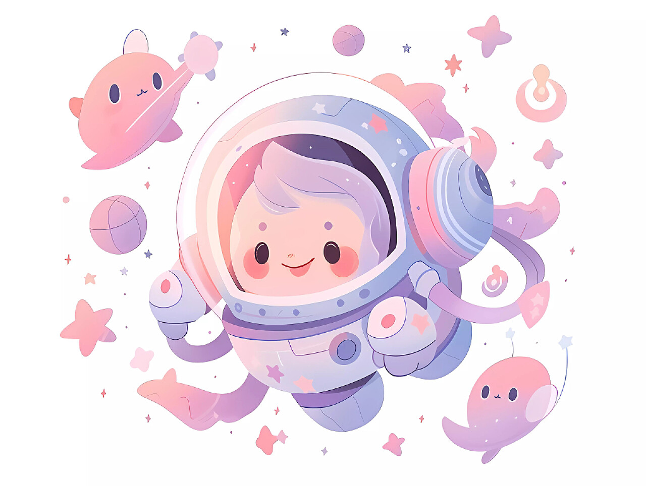 白底粉色卡通可爱小宇航员探索太空元素