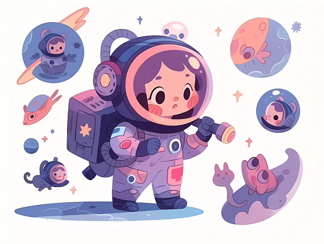 白底卡通可爱小宇航员探索太空元素