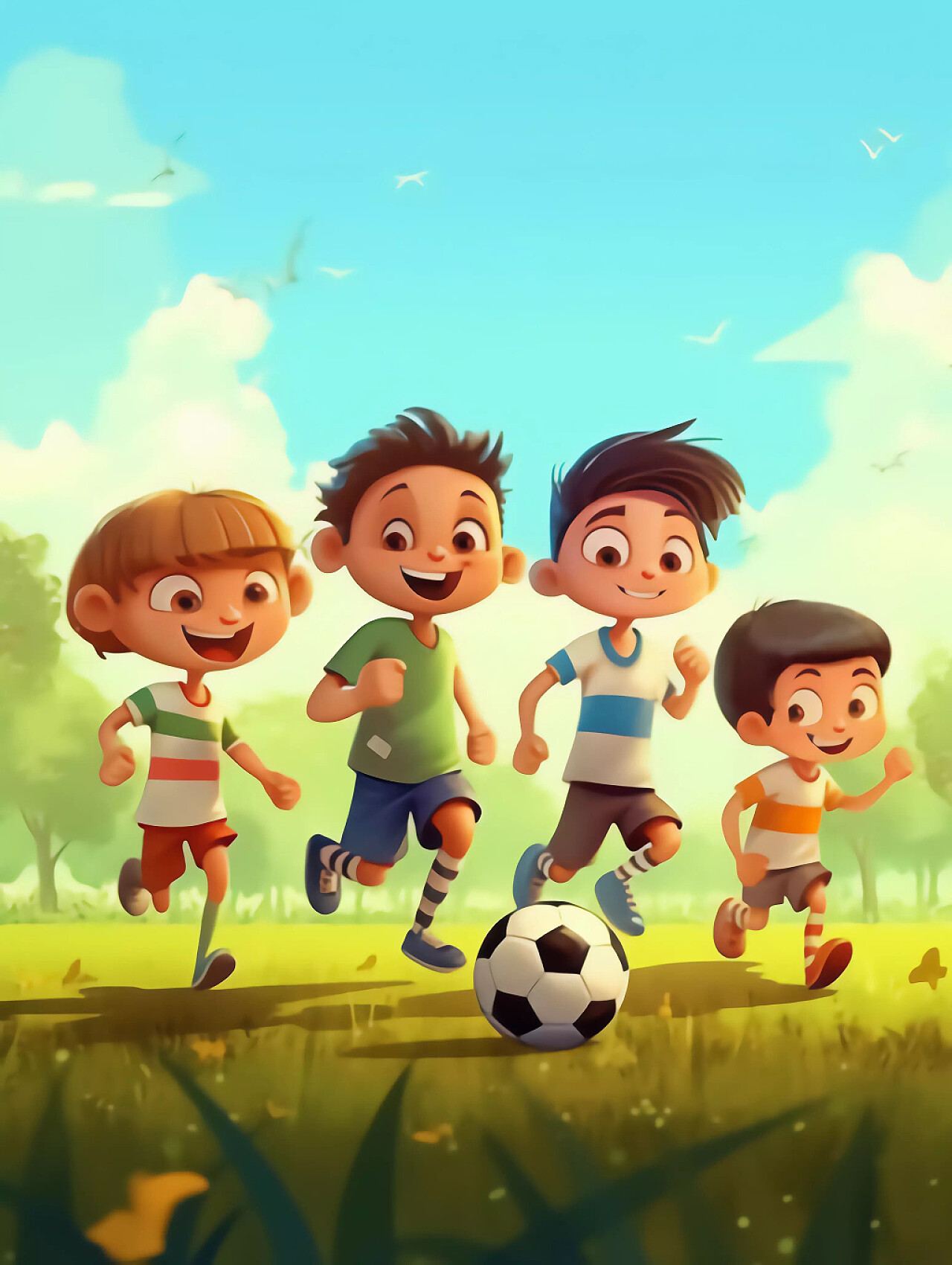 教育足球体育夏天皮克斯风格儿童在草坪上玩足球场景
