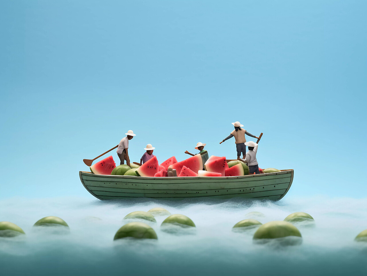 夏天创意微距小船西瓜造型上有小人场景