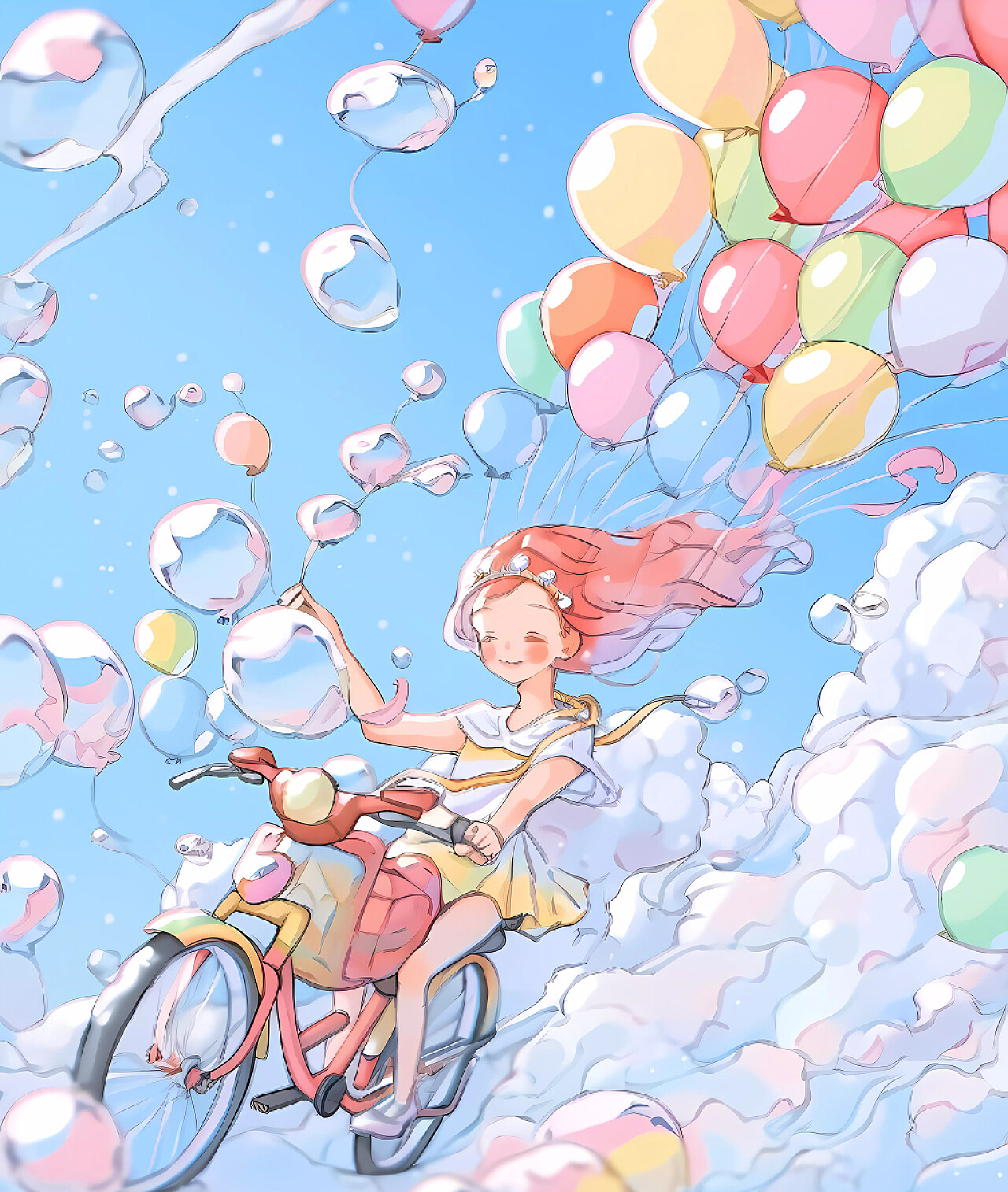梦幻夏天夏日治愈夏日少女手拿气球骑自行车卡通插画