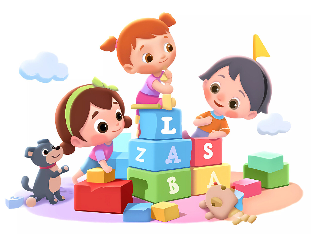 暑假培训教育招生卡通学生儿童白底幼儿园小朋友玩积木元素