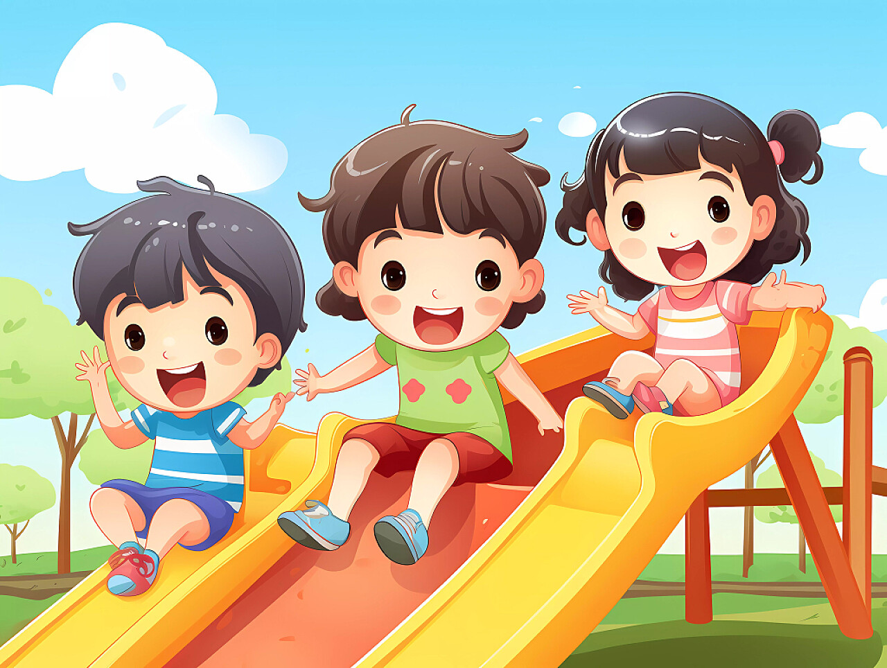 教育培训暑假招生夏天幼儿园孩子在游乐场玩滑梯场景