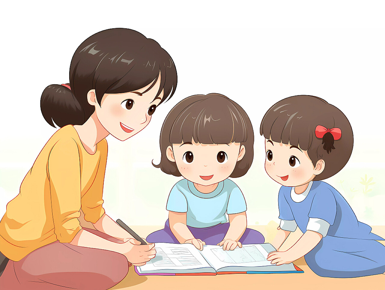 教育培训暑假招生白底幼儿园老师给儿童上课卡通插画