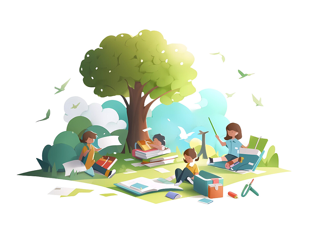 教育培训招生白底开学季卡通插画学生在大树下认真读书学习场景元素