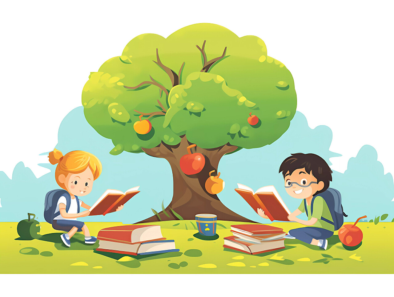 教育培训招生白底暑期卡通插画学生坐在大树下认真读书学习场景