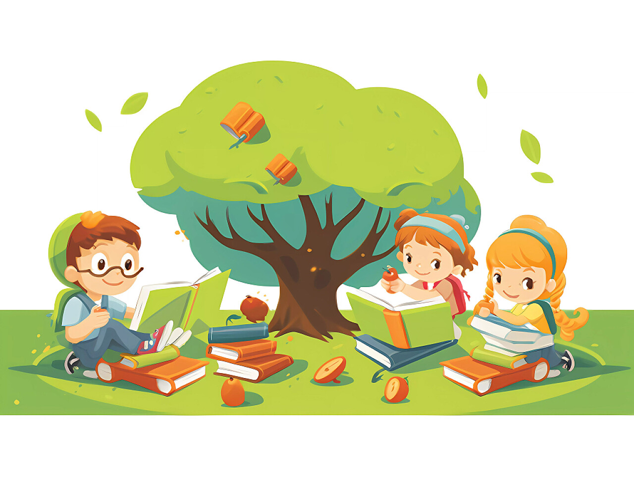 白底暑期卡通插画学生坐在大树下认真读书学习场景元素