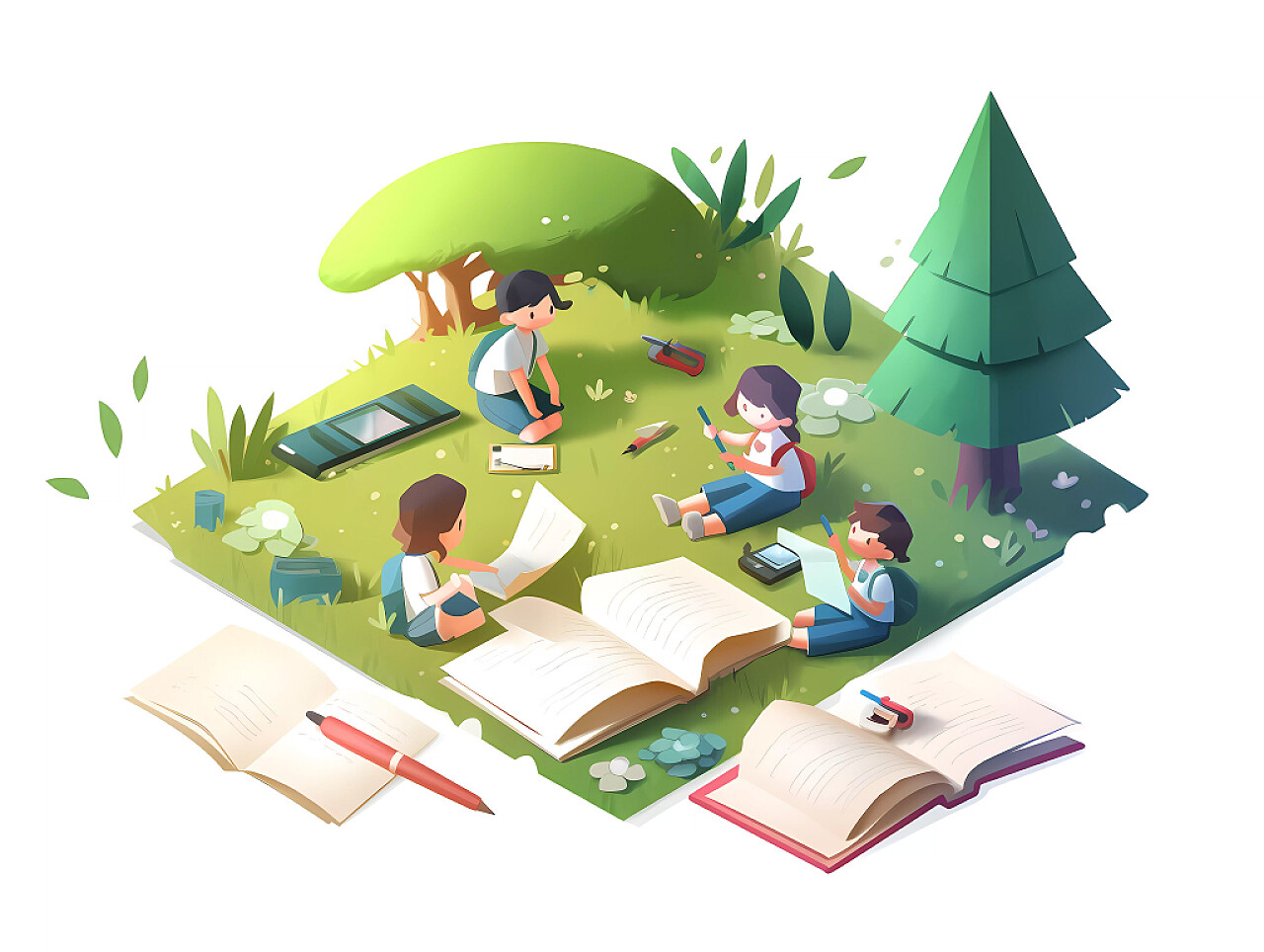 白底暑期卡通插画学生坐在草坪认真读书学习场景元素