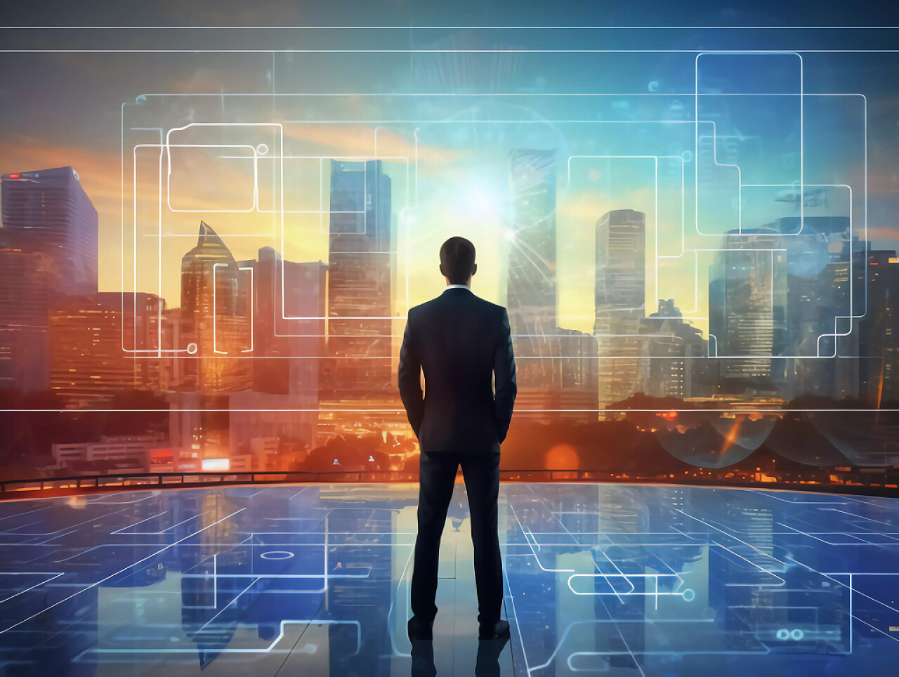 科技AI人物背影城市数据商务背景