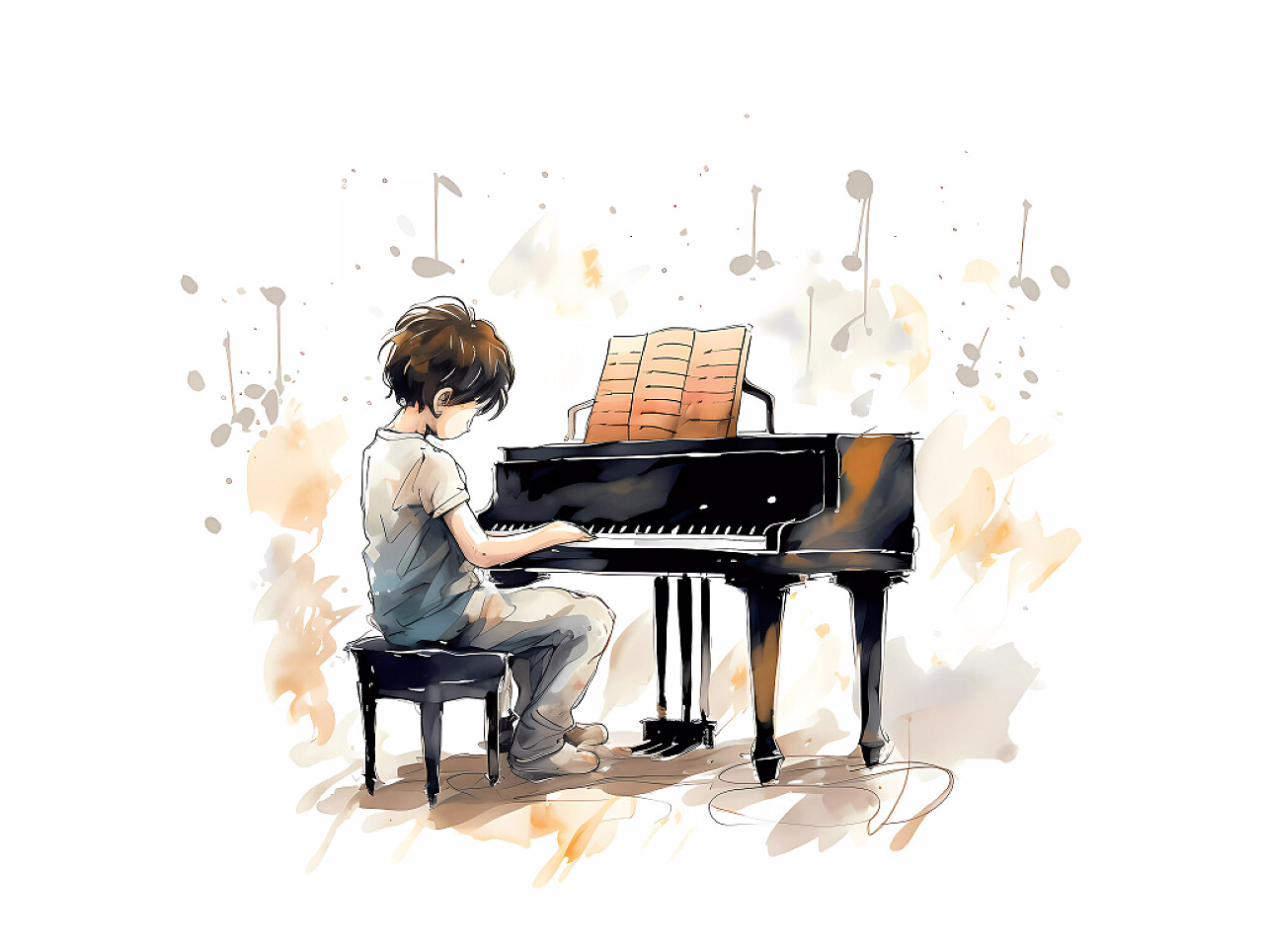 艺术教育钢琴培训班招生卡通人物女孩弹钢琴场景