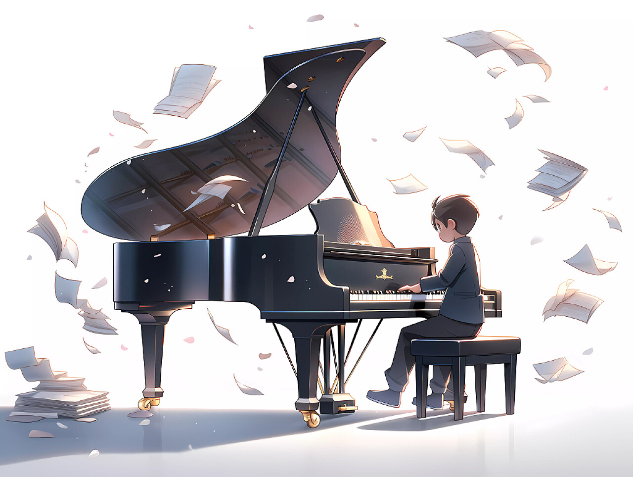 艺术教育钢琴培训班招生卡通人物男孩弹钢琴场景