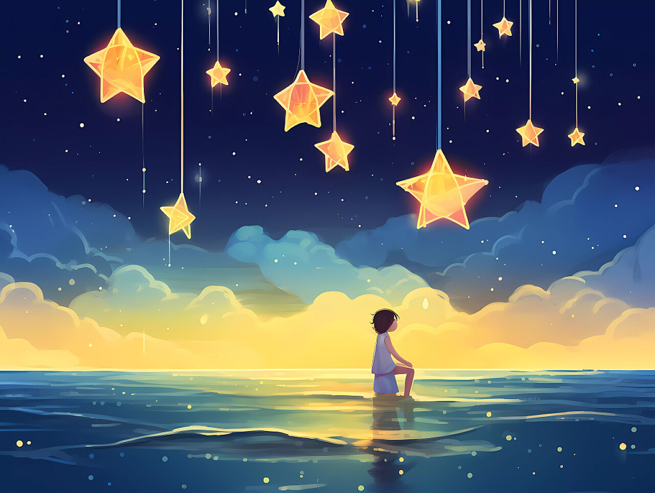 卡通插画男孩坐在海边眺望星星场景