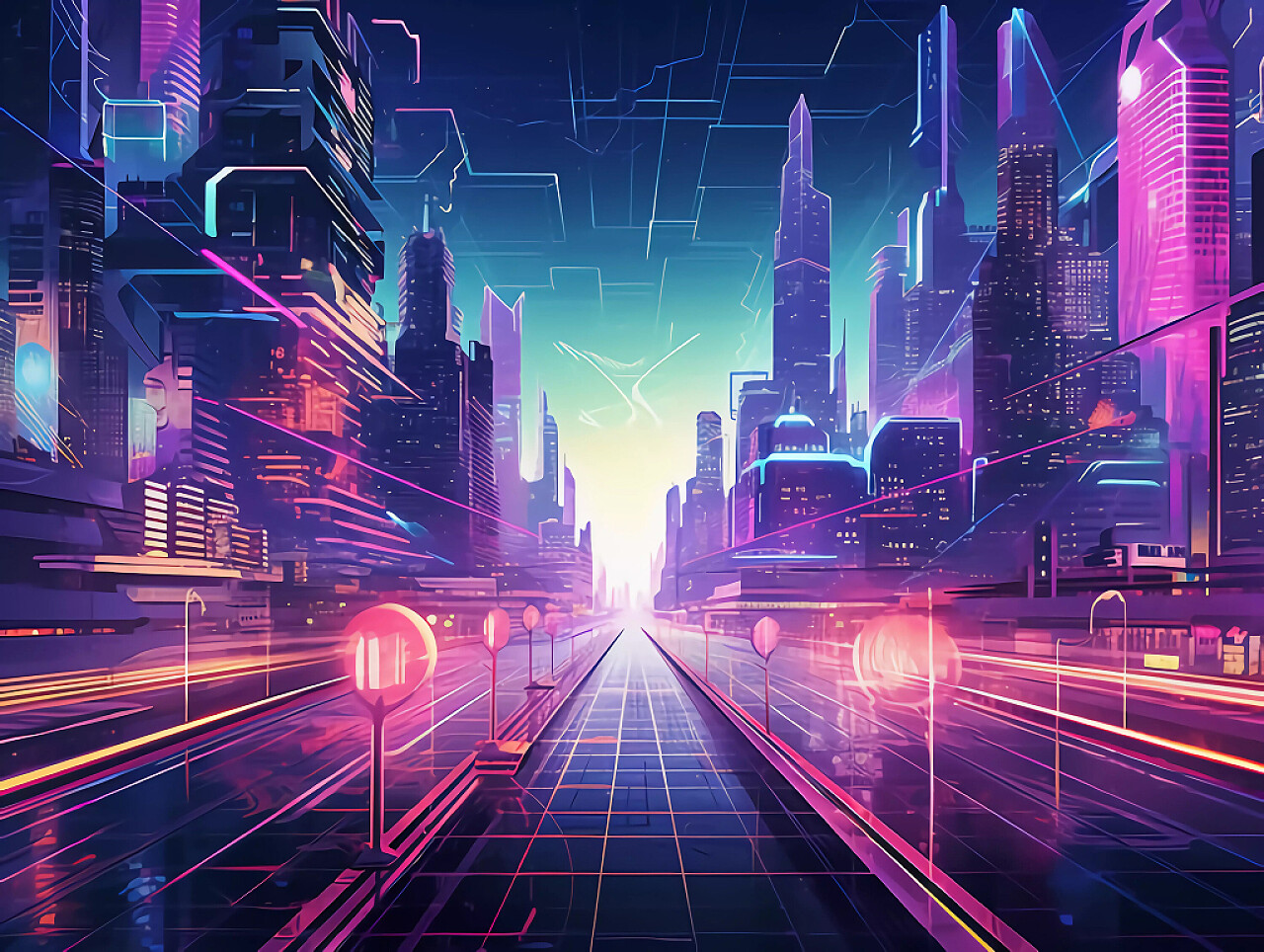 科技城市赛博朋克虚拟城市色彩与城市场景